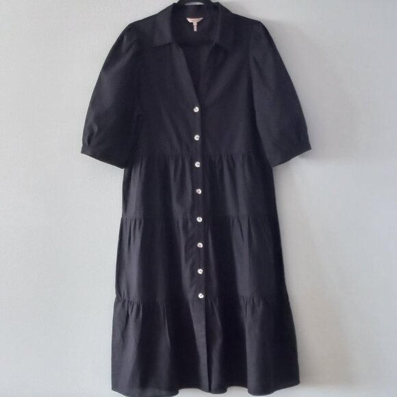 ESQUALO Dresses & Skirts - ESQUALO black cotton/linen tiered dress with puff sleeves